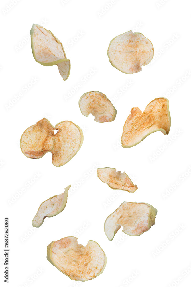 Flying fruits. Falling dried organic apple sliced on white background. Homemade organic apple. Flying fruits. Falling dried organic apple sliced on white background. Homemade organic apple.