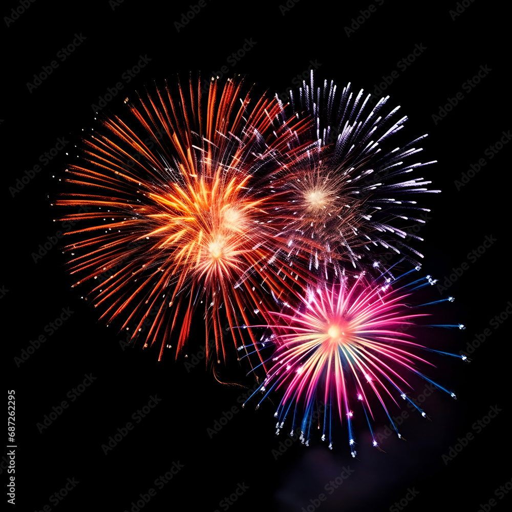 Fireworks on black background, Fireworks light up the sky, festive fireworks explode on black background, ai generated image Fireworks on black background, Fireworks light up the sky, festive fireworks explode on black background, ai generated image
