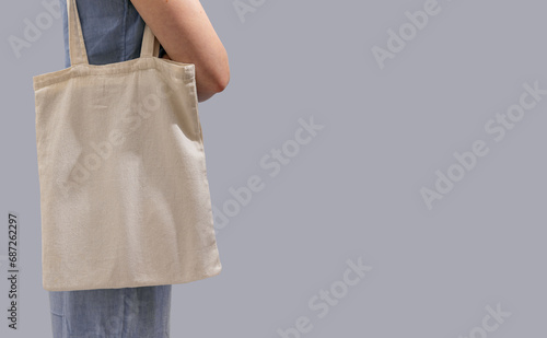Carrying textile shopper, linen cloth tote bag, banner background