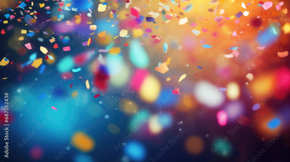 Colorful confetti and ribbons flying in the air with bokeh background