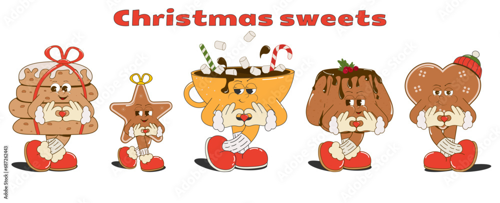 set of cute cartoon characters Christmas sweets:oatmeal and ginger cookies,cupcake,cocoa, isolated on a white background. Groovy vector illustration in retro style of the 60s-70s. Print, stickers,menu