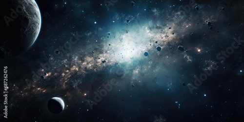 Celestial Odyssey - Exoplanet Amidst Stars and Galaxies, Asteroid in Vast Universe Background - Cosmic Exploration & Galactic Harmony