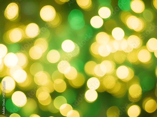 Blurred background of small Christmas lights Green-gold tone.
