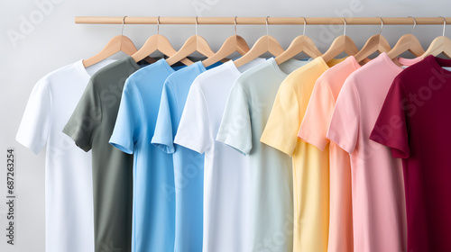 Assorted Color T-Shirts on Wooden Hangers Against White Background © HappyKris
