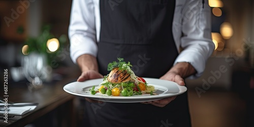 Culinary Elegance - Waiter's Hand Gracefully Carrying a Dish - Close-Up on Restaurant Service & Gastronomic Presentation