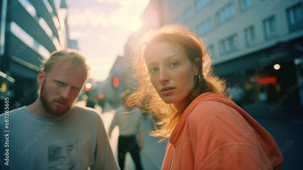 A photo highlighting the city bustle with a female model in the foreground A photo highlighting the city bustle with a female model in the foreground