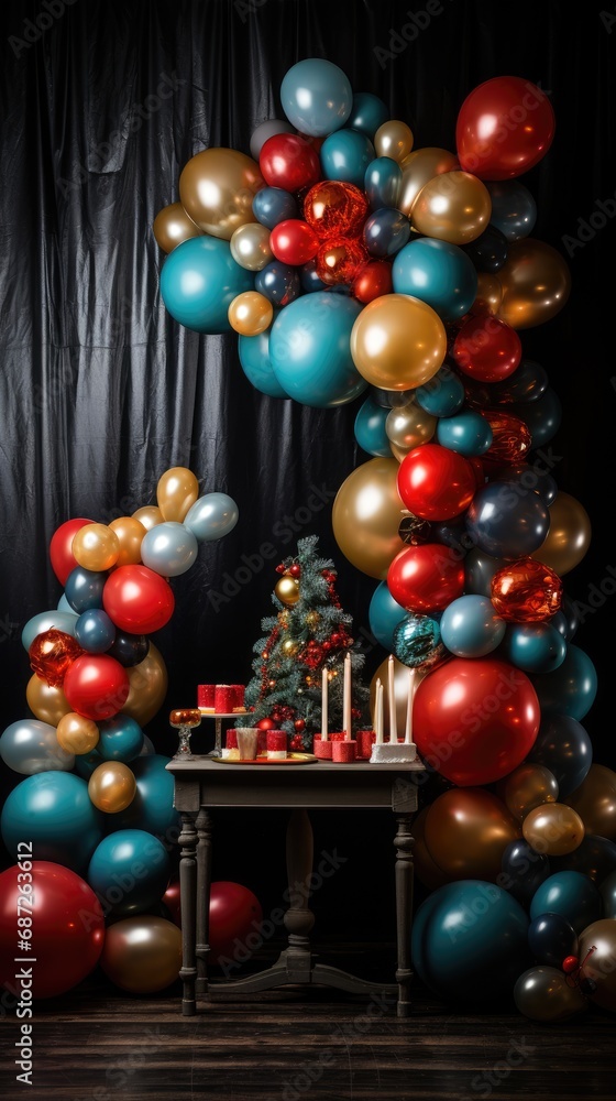 photo zone balloons Area for celebrating Christmas tree decorated with garlands and ball photo zone balloons Area for celebrating Christmas tree decorated with garlands and ball