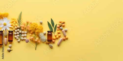 Herbal medicine pills with flowers and leaves on bright background. Top view