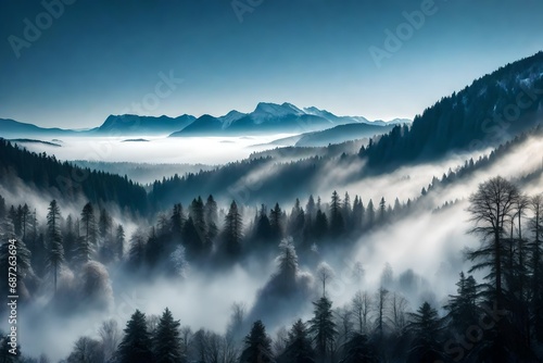 A panoramic view of a fog-draped valley  with winter-clad hills and a dense forest creating a serene winter landscape.