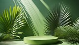 3d background with podium display nature pedestal tropical palm leaf cosmetic beauty product promotion green stand with exotic plant sun shadow studio 3d render illustration mockup
