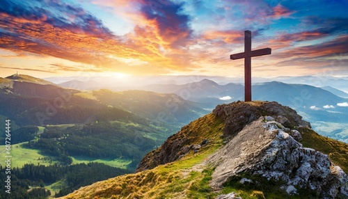 christian cross on top of a mountain sunset landscape easter wallpapers generative ai photo