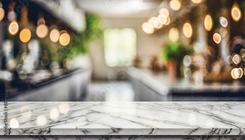 empty white table top counter desk background over blur perspective bokeh light background white marble stone table shelf and blurred kitchen restaurant for food product display mockup template © Alicia