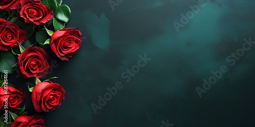 Red roses on dark green background with copy space 