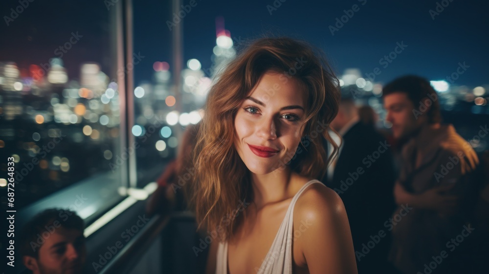 A woman having fun alone on the terrace of a venue at night A woman having fun alone on the terrace of a venue at night