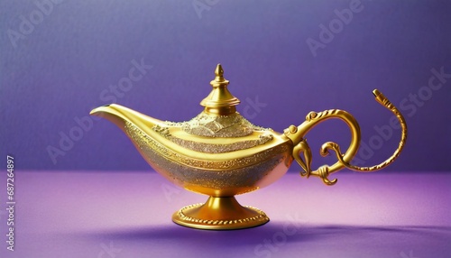 golden magic lamp on bright and purple background