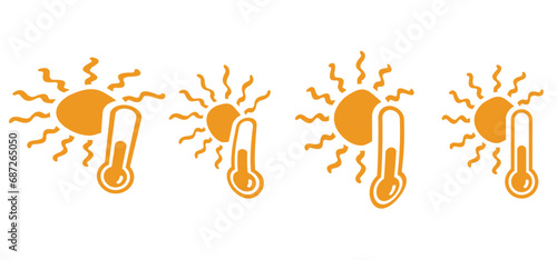 Cartoon, comic hot summer indicates icon. Weather thermometer. Vector high temperature attention sign. Sun weather thermometers icon. Sunbathe, UV factor. Sunny and rainy weather