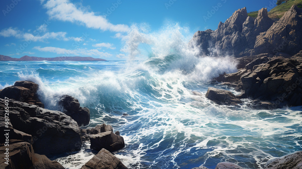 Ocean Waves Crashing on Rocky Shoreline Background