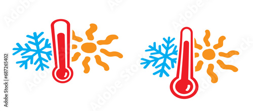 Winter, summer, thermometer or temperature indicate. Hot or cold sign. Protest, Climate Justice Now ! (CJN!). Storm, snowflake and sunny. Weather thermometers. Snow flakes and high season scale.