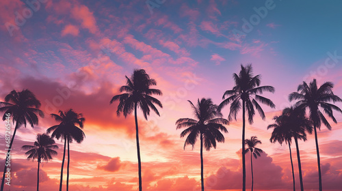 Palm Trees Silhouetted Against Vibrant Evening Sky at the Beach Background