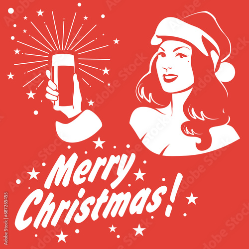 Beautiful pin up girl wearing a Santa Claus hat, holding a pint of beer. Retro style