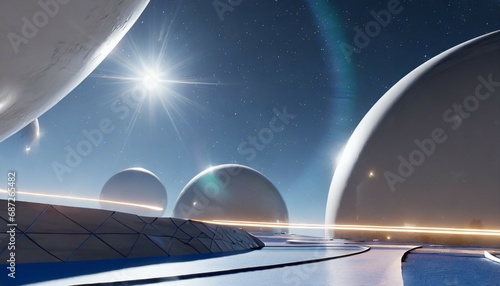 stars planets fantasy landscapes of the future futuristic space sci fi abstract background sci fi landscape with planets neon lights cool planets 3d render