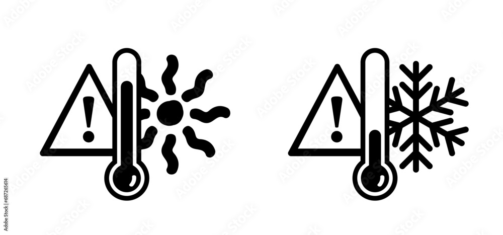 Warning winter, summer, thermometer or temperature indicate scale. Alert for hot or cold sign. Storm, snowflake and sunny. Caution,, weather thermometers. Snow flakes and high season scale. - obrazy, fototapety, plakaty 