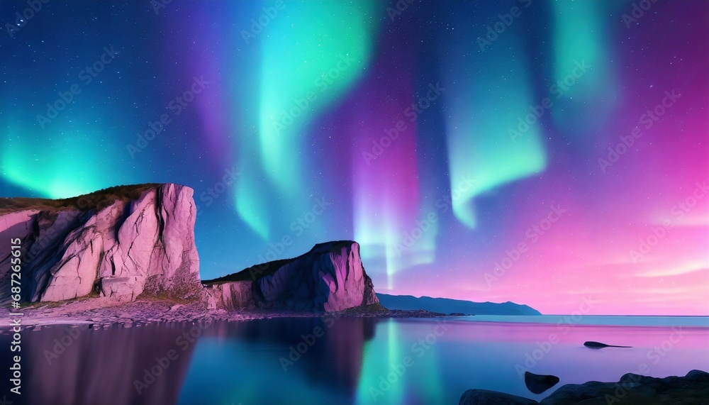 3d render abstract panoramic background seascape with cliffs under the pink blue night gradient sky with northern lights fantasy scenery wallpaper with aurora generative ai