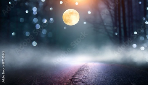 fog in spooky forest at moon light on asphalt abstract bokeh generative ai