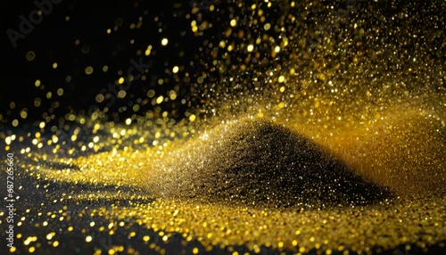 blurred image of gold glitter on a black background the glitter is densely packed and appears to be sparkling the black background creates a contrast that makes the gold glitter stand out