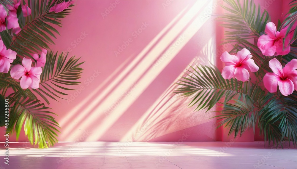 abstract gradient pink studio background for product presentation empty room with shadows of window and flowers and palm leaves 3d room with copy space summer concert blurred backdrop