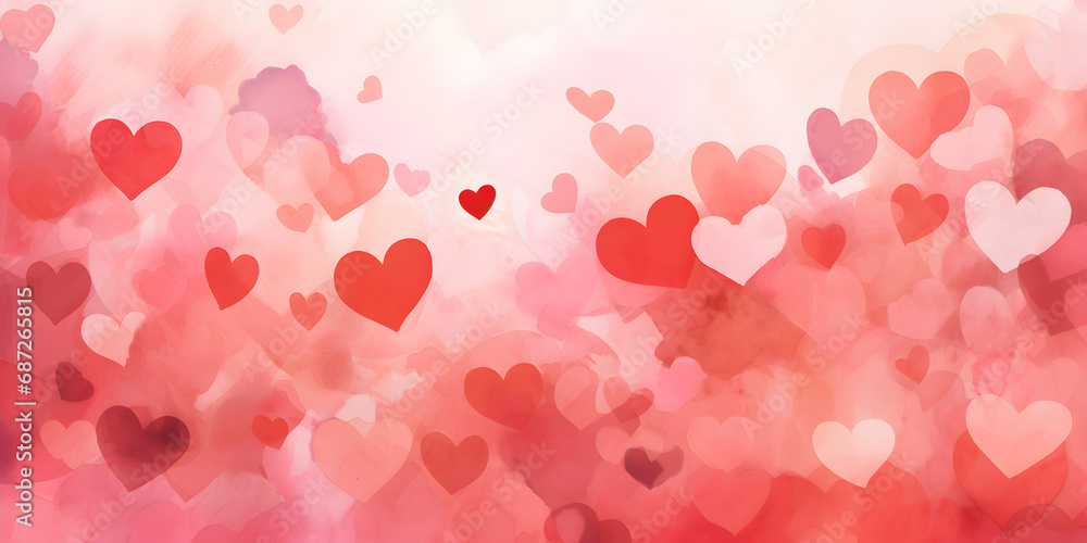 Watercolor background with red hearts and copy space 