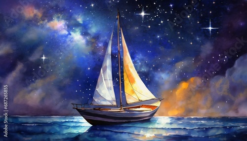 art illustration sailing boat under galaxy night sky dreamy scenery generative ai