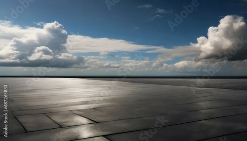 panoramic dark floor background with beautiful cloud horizon sky