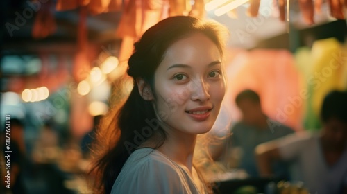 Vendor woman at a market selling Asian street food