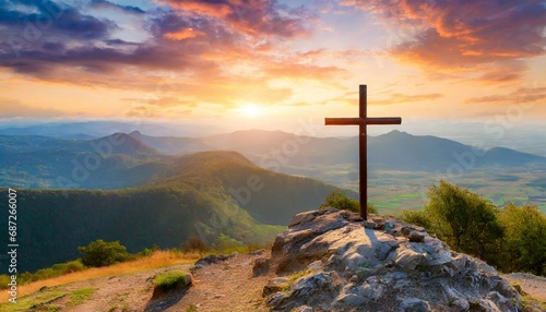 christian cross on top of a mountain sunset landscape easter wallpapers generative ai