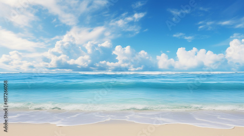 Tranquil Beach with Calm Blue Ocean and Cloudy Sky Background