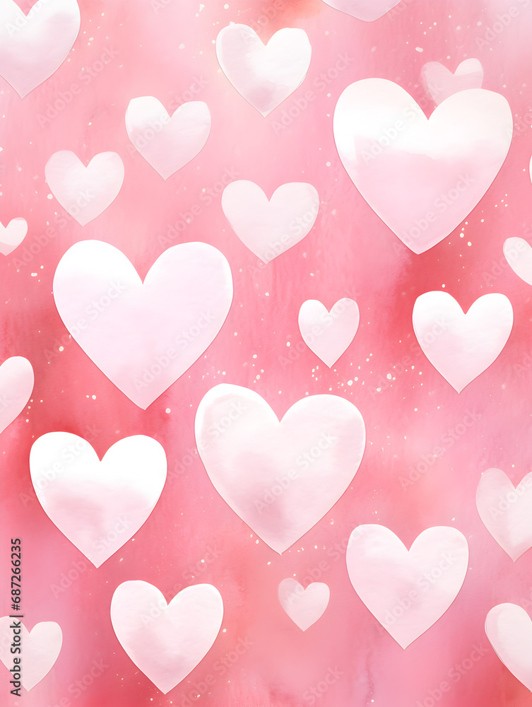 Abstract pink watercolor background with white hearts	
