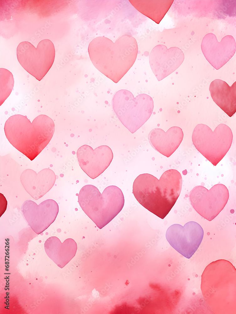 Abstract pink watercolor background with white hearts	
