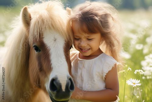 Young girl stroking a horse outdoors at ranch. Child and small horse in the field at spring