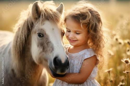 Young girl stroking a horse outdoors at ranch. Child and small horse in the field at spring