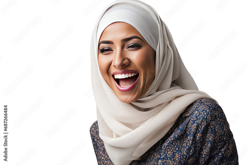 a high quality stock photograph of a happy young islam woman laughs and screams with joy isolated on white background a high quality stock photograph of a happy young islam woman laughs and screams with joy isolated on white background