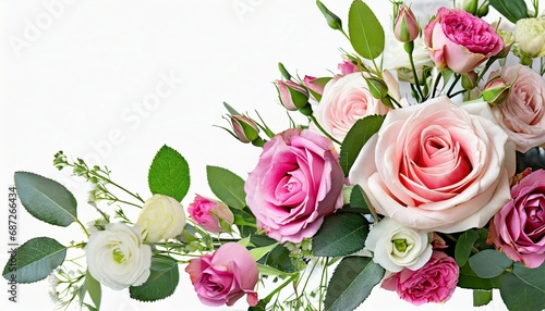 pink rose and eustoma flowers in a corner floral arrangement on white or background © Alicia