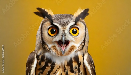 studio portrait of surprised owl on yellow background