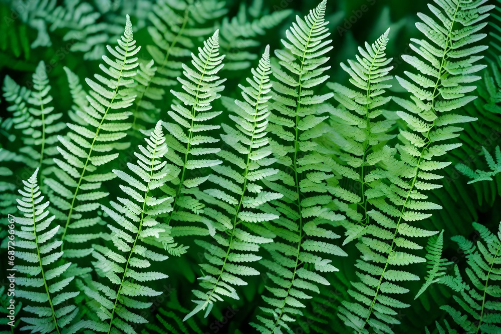 A close-up of delicate frost patterns on vibrant green ferns, showcasing the intricate beauty of nature in the winter.