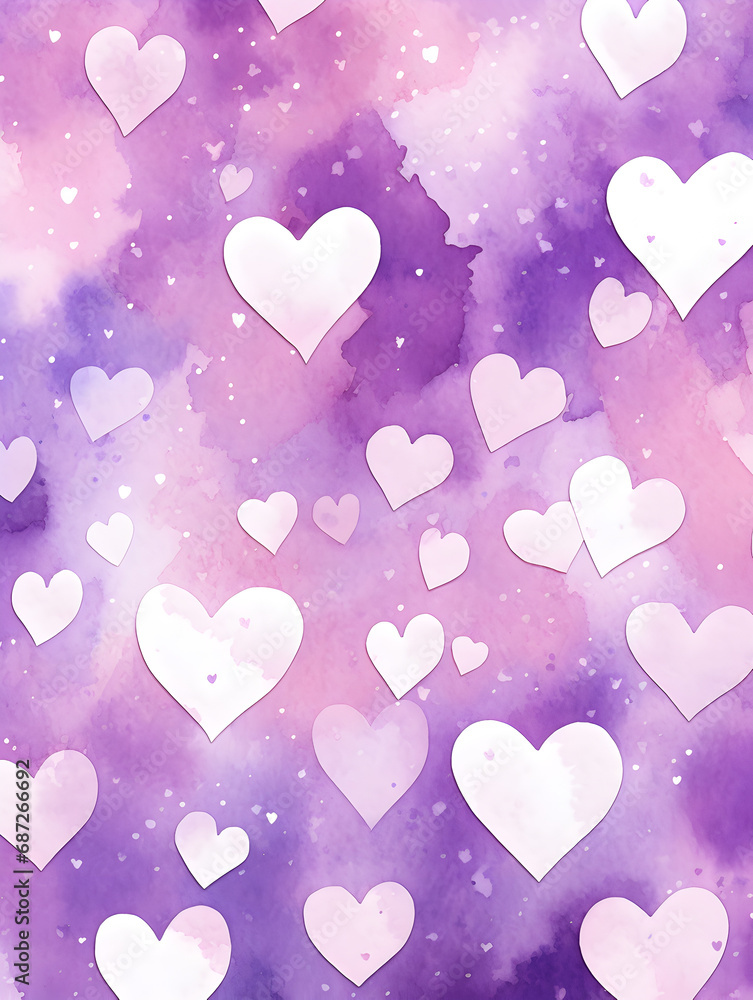 Abstract purple watercolor background with white hearts
