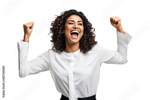 a high quality stock photograph of a happy young islam woman laughs and screams with joy isolated on white background