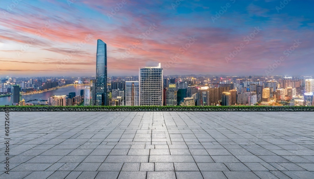 generative ai empty brick floor with city skyline background