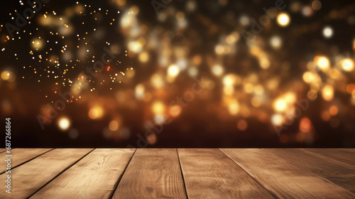Wooden table against defocused golden lights on black background, christmas concept