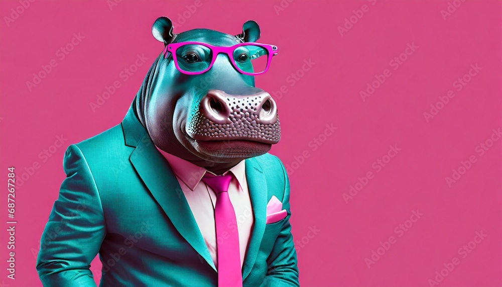 stylish portrait of dressed up imposing anthropomorphic hippopotamus wearing glasses and suit on vibrant pink background with copy space funny pop art illustration - obrazy, fototapety, plakaty 