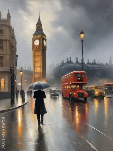 Oil painting of the streets of London in the rain with Big Ben in the background. Generative AI